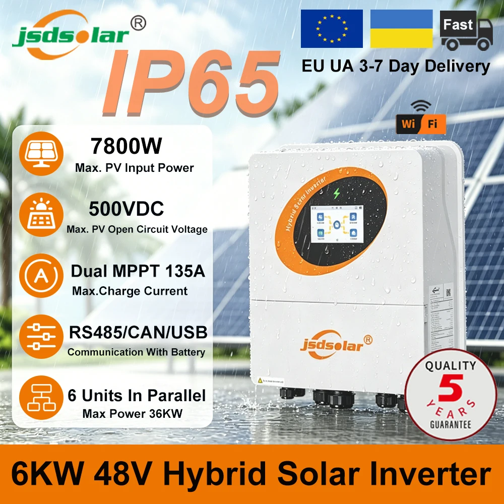 Jsdsolar Onduleur Solaire Hybride 6KW 48V Étanche IP65, Onduleur à Onde Sinusoïdale Pure 230VAC, Chargeur Solaire MPPT 135A avec WiFi RS485 CAN, Grand Écran Couleur, Onduleur PV Parallèle On/Off Grid