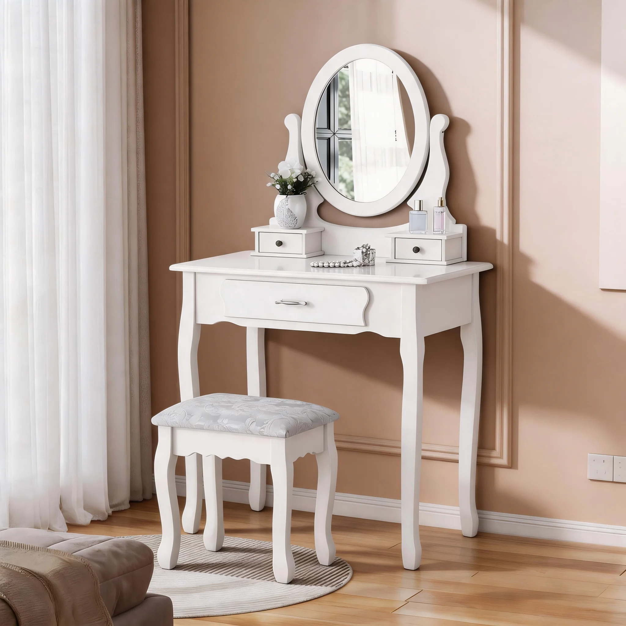 Rosahqnda Schminktisch-Set, Schminktisch mit Spiegel und weichem Hocker, Retro-Stil, geeignet für Schlafzimmer, Weiß