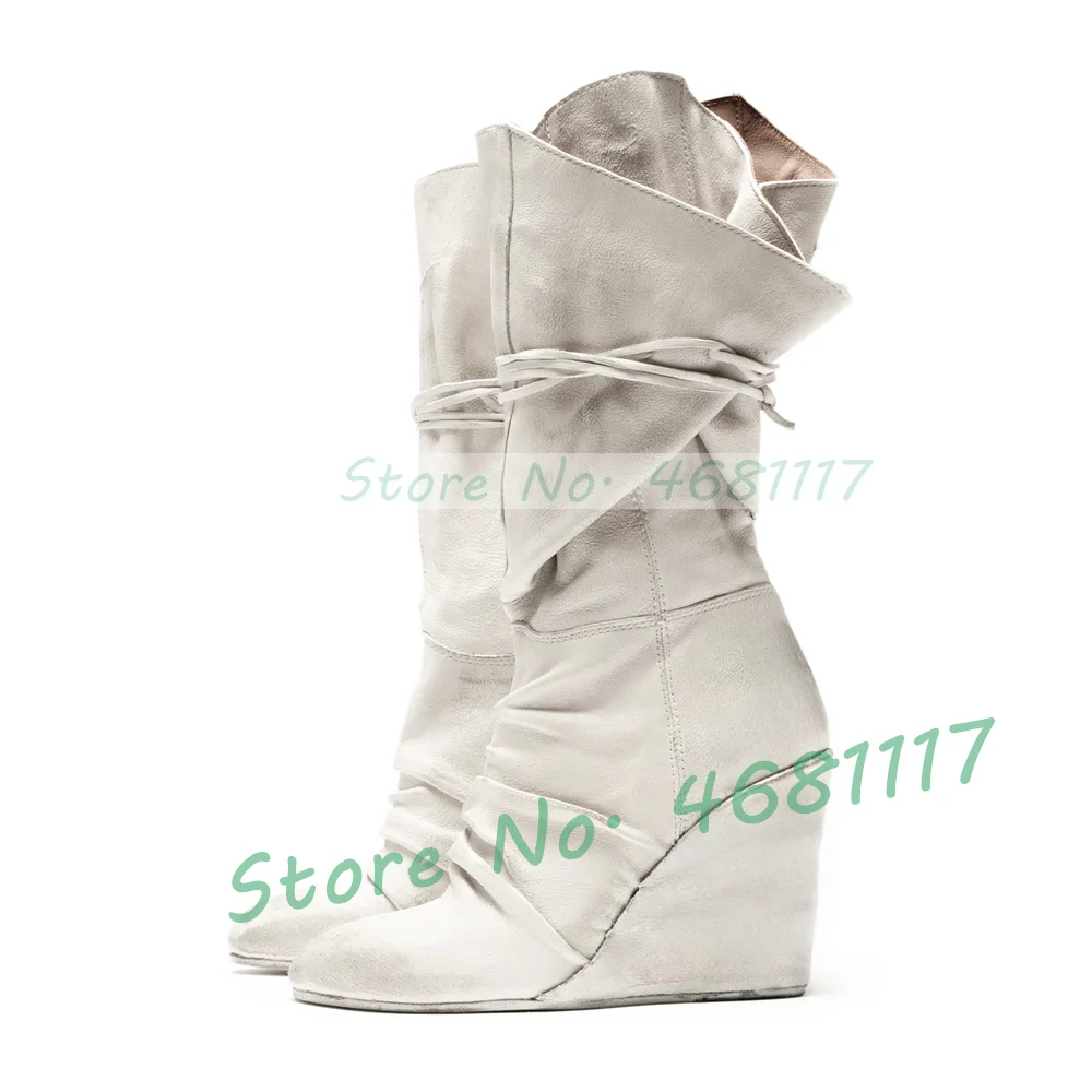 Weiße Plissierte Leder-Keilstiefel für Damen Trendige Runde Zehenpartie Gekreuzte Schnürung Patchwork-Schuhe Damen Streetwear Party Outdoor-Stiefel
