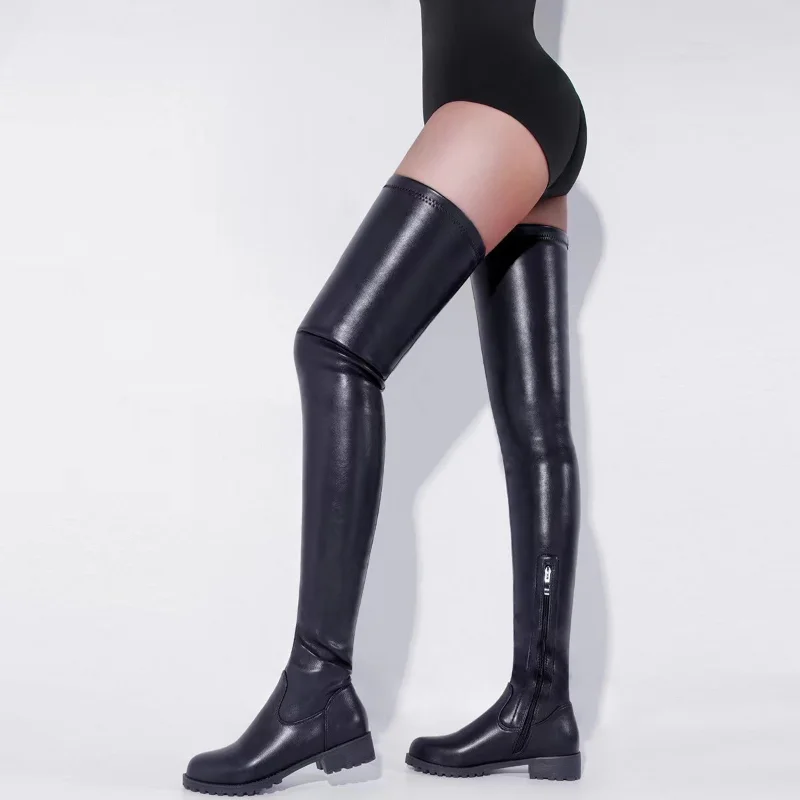 Punk-Style Damenstiefel Große Größen 35-44 Sexy Overknee-Stiefel Damen Winterschuhe Plateau Mittlerer Absatz Oberschenkelhohe Stiefel Schwarz 2026