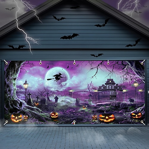 strega di Halloween Striscione per porta del garage con casa stregata, copertura impermeabile per porta del garage con strega spaventosa, decorazione murale per esterni a tema festivo per la casa