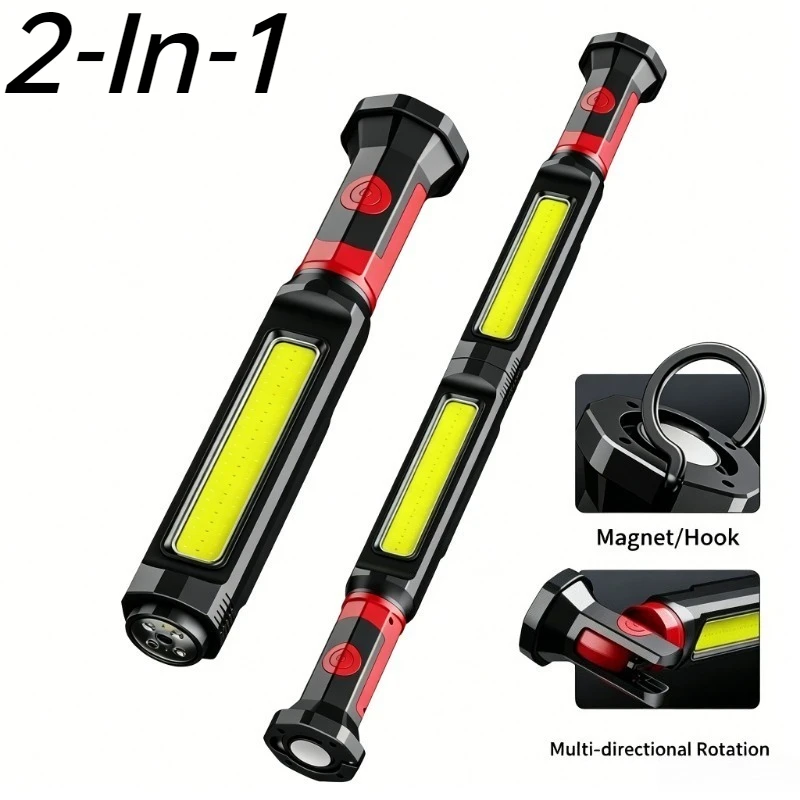 2-in-1 COB-Arbeitsleuchte mit magnetischem Haken, drehbarem Kopf, wiederaufladbar, Autoreparaturlampe, Motorhauben-Arbeitsleuchte, Leuchtbalken für Camping und Notfälle