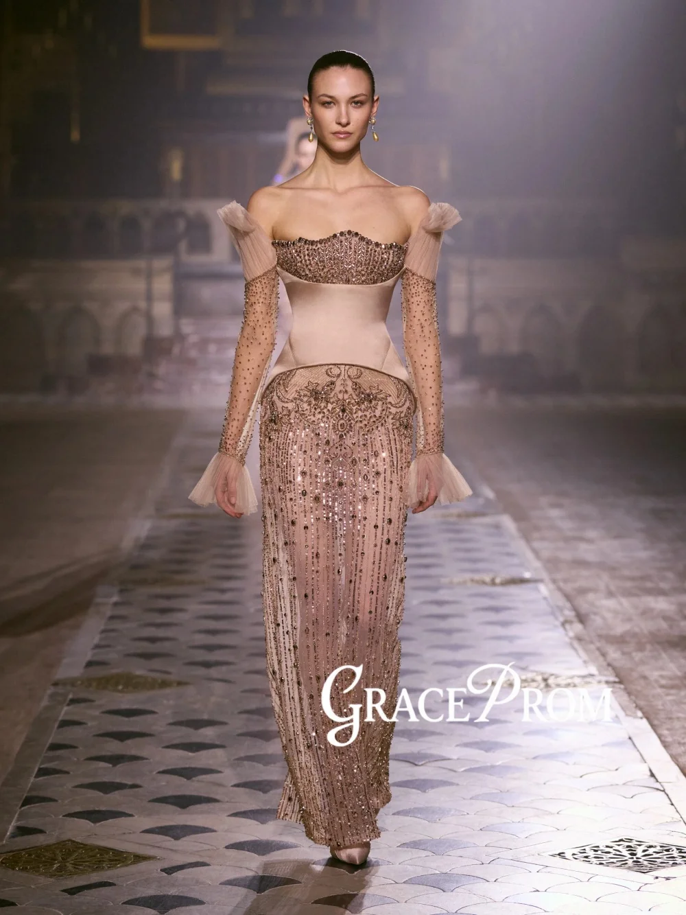 Dazzling Beaded Crystal Evening Dress New Off Shoulder Straight Long Wedding Party Gowns Customized Luxurious Banquet Gowns