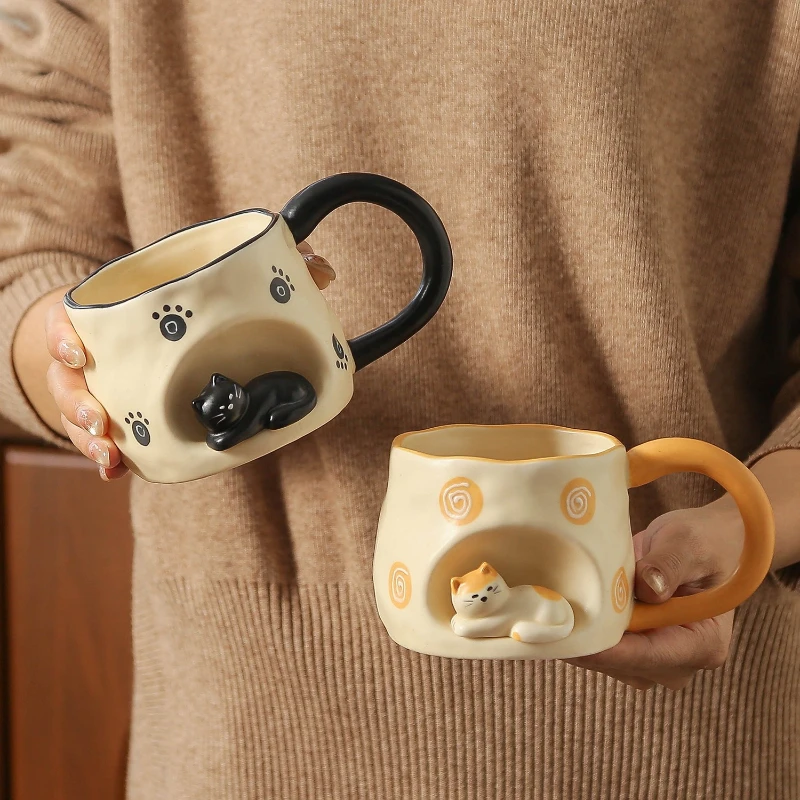 3D Three-dimensional Cat Ceramic Mug, Ins-style High-looking Afternoon Tea Cup for Girls, 350ml Household Children's Milk Cup