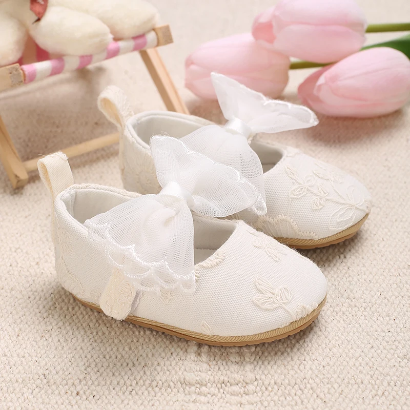 Baby-Mädchen-Schuhe mit Spitzenstickerei, Mary-Jane-Schuhe, Tüll, große Schleife, weiche, rutschfeste Sohle, für Neugeborene, Prinzessinnen-Kinderbett, Lauflernschuhe, 0–18 Monate