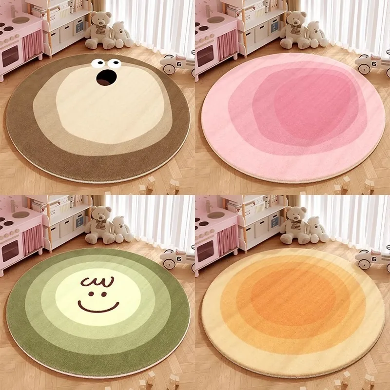 Pastellgrüner runder Kinderteppich mit Smiley-Gesichtsmuster, weicher Kinderteppich für Kinderzimmer, Spielmatte, rutschfeste Bodendekoration