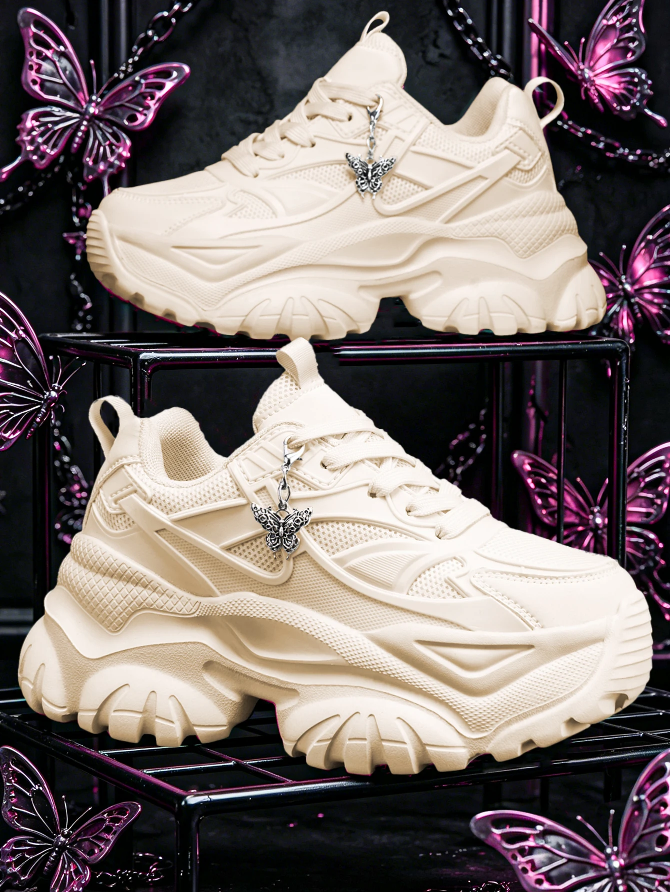 Damen 2026 Neu Süß-cooler Y2K Gothic Style Off-White Plateau-Sneaker mit 7cm Absatz, High-Street Subkultur Trendy Vielseitige Freizeitschuhe, mit leichtem, atmungsaktivem Mesh-Obermaterial, Retro