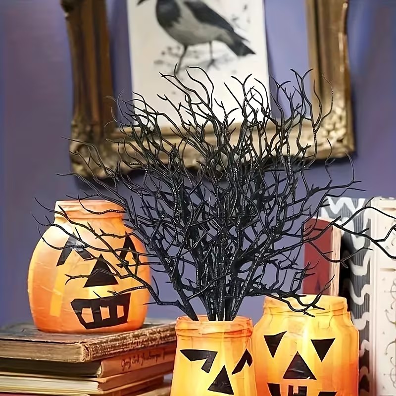 15/30 PCS Black Artificial Deer Antler Branches, Halloween Gothic Faux Plant Stems, Spooky Black Twig Picks for Vase, Wreath, Haunted House, Home Garden Decor
