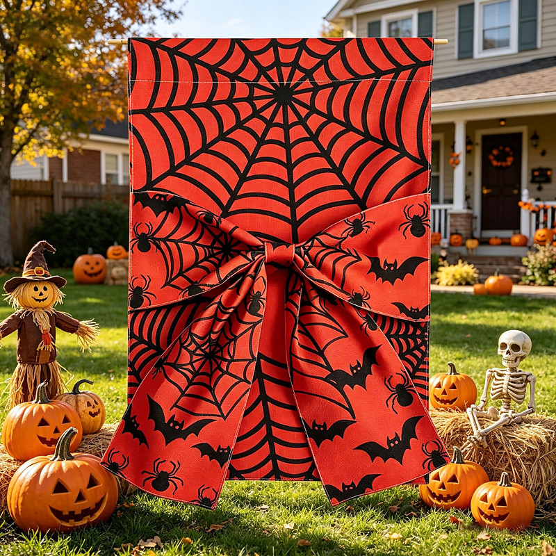 Halloween Garden Flag Bowknot Spider Web Pumpkin Skeleton Trick or Treat Outdoor Yard Flag Seasonal Porch Garden Decoration Fall Home Yard Banner Halloween Outdoor Decor