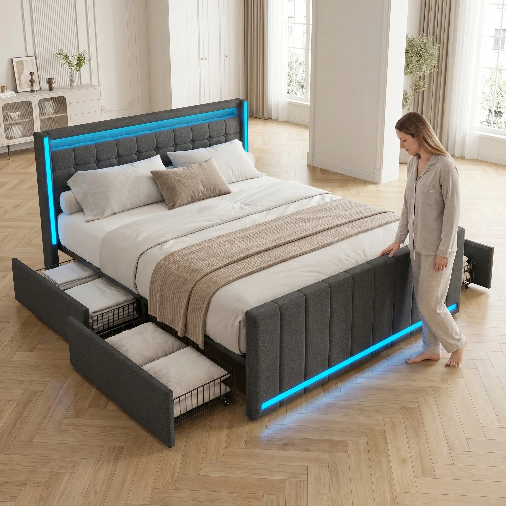 Lit double rembourré Superaly 140x200cm avec 4 tiroirs de rangement et port de charge USB, espace de rangement, linge de maison, gris foncé