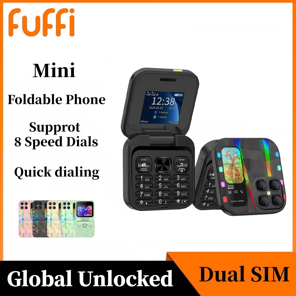 FUFFI S23 Pro, Folding Mini Phone, 2.4 Inch, Luminous Phone, Fun Feature Phone, 2G Network, Dual SIM, Phone Holder, Student Phon
