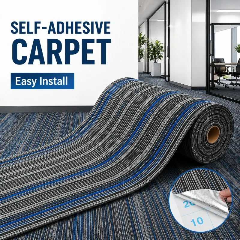 Modern Striped Self Adhesive Carpet Roll Office Flooring Rug Thick Non Slip Noise Reduction Floor Covering Mat Stairs Decoration
