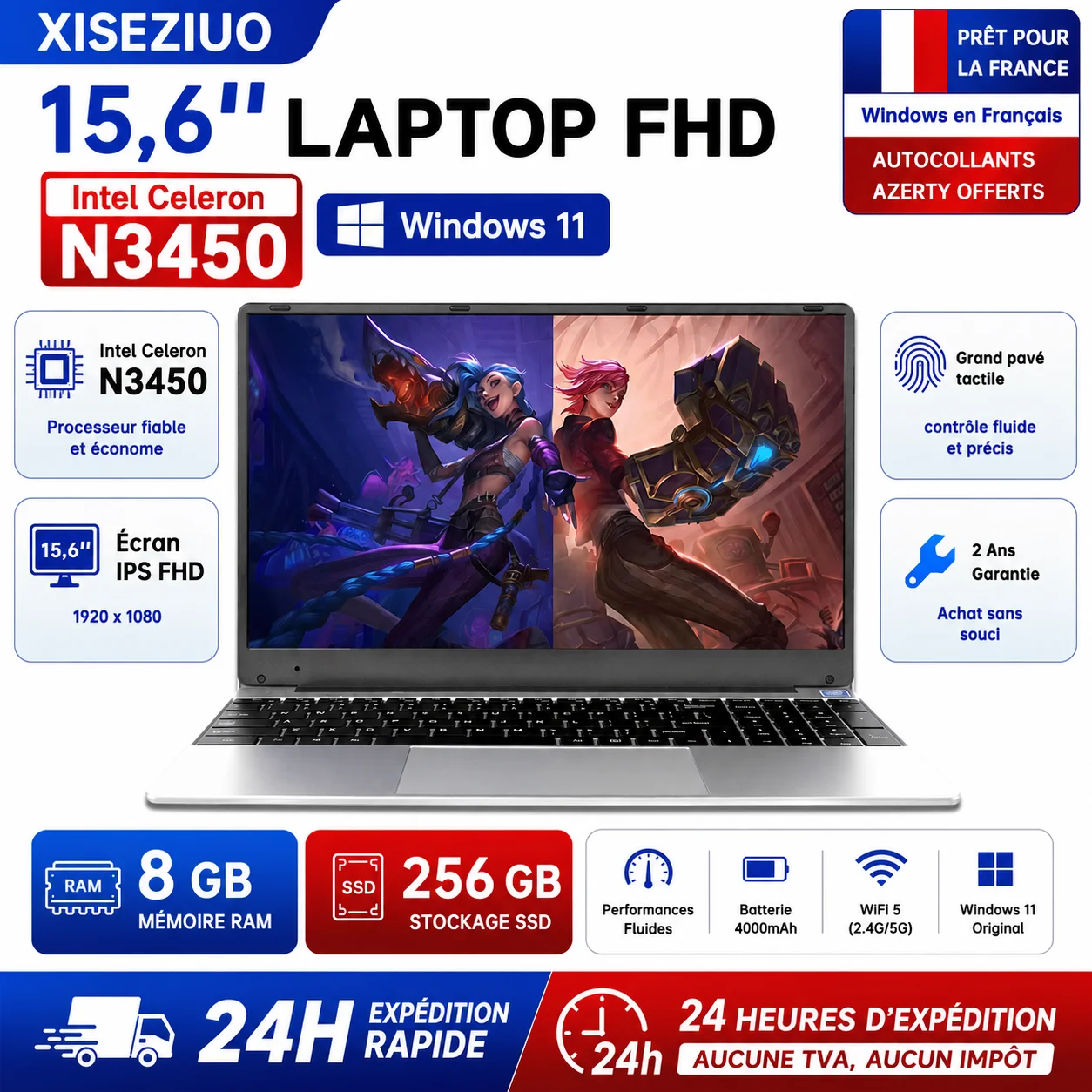 Portable 15,6 Pouces Windows 11 Intel Celeron N3450 8Go RAM 256Go SSD Écran Full HD IPS 1920x1080 WiFi Bluetooth 5.0 Webcam Haut-Parleurs Stéréo Pavé Numérique Ordinateur Portable Étudiant Bureau Travail à Domicile avec Protection Clavier Français...