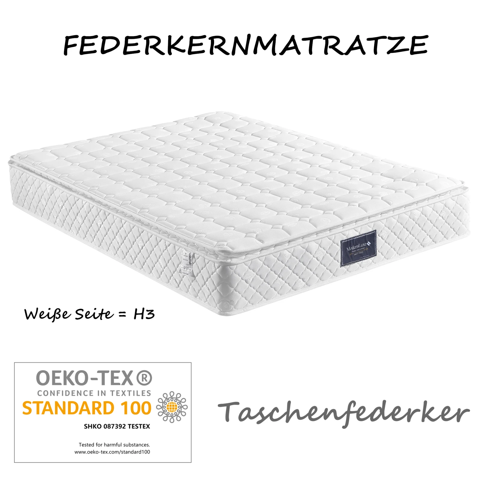 Rosahqnda 90/140/160 x 200 cm Federkernmatratze,Atmungsaktiver Schaumstoff,Härtegrad H3,Doppeltuch-Polyesterbezug,Weiß
