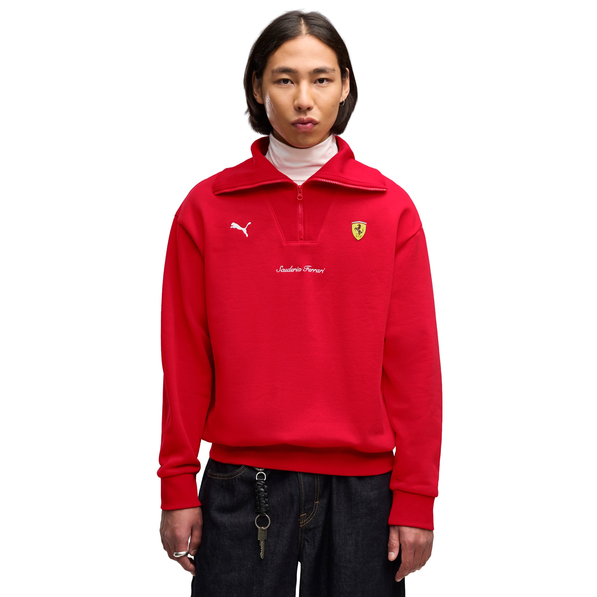 Scuderia Ferrari Puma Little Shield Fleece-Fleecejacke mit halbem Reißverschluss – Rot