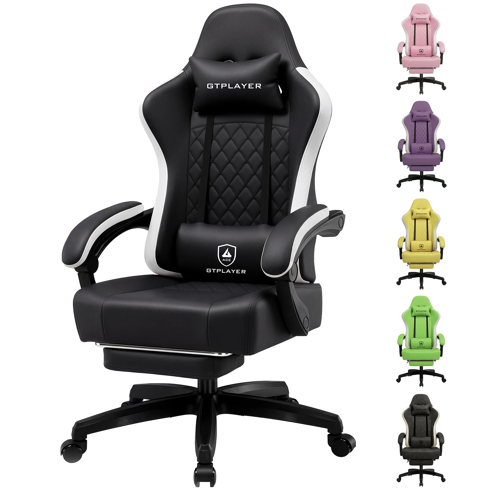 GTPLAYER Gaming Stuhl Ergonomischer Gaming Sessel Schreibtischstuhl Kunstleder, Federsitzkissen, Verbindungsarmlehnen und Fußstütze 150KG