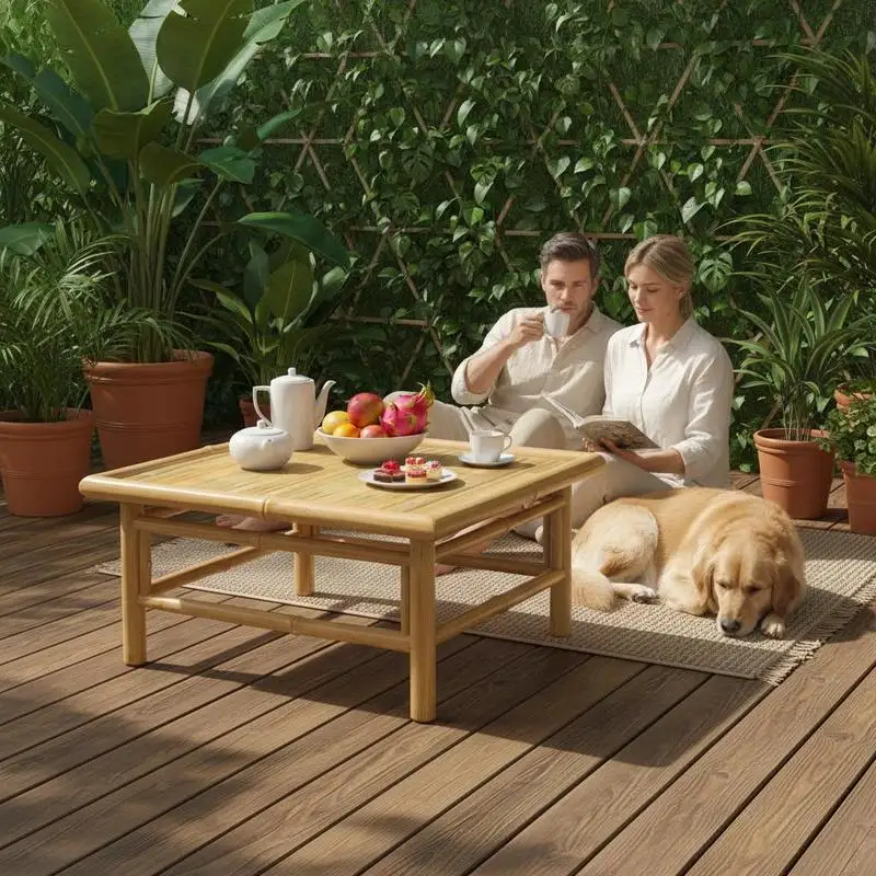 Table de jardin en bambou 65x55x30 cm – Table d'appoint moderne pour jardin, balcon et terrasse, mobilier de jardin durable en bambou naturel, table à café robuste pour l'extérieur, résistante aux