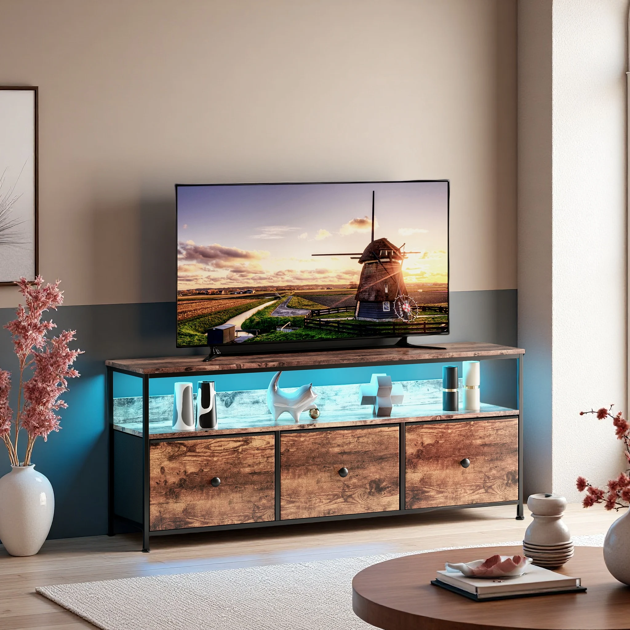 Anajqaqia Retro-LED-TV-Schrank, funktioneller Schrank mit 3 abnehmbaren Stoffschubladen für Wohnzimmer und Schlafzimmer, 108×30×57 cm