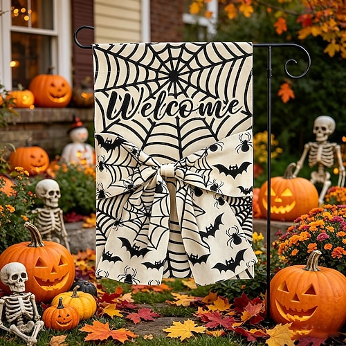 Halloween-Gartenflagge mit Schleife, Spinnennetz, Kürbis und Skelett – Süßes oder Saures! – Gartenflagge für draußen, saisonale Dekoration für Veranda und Garten, Herbstbanner für Haus und Garten,