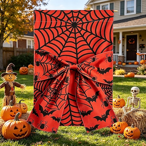 Halloween-Gartenflagge mit Schleife, Spinnennetz, Kürbis und Skelett – Süßes oder Saures! – Gartenflagge für draußen, saisonale Dekoration für Veranda und Garten, Herbstbanner für Haus und Garten,