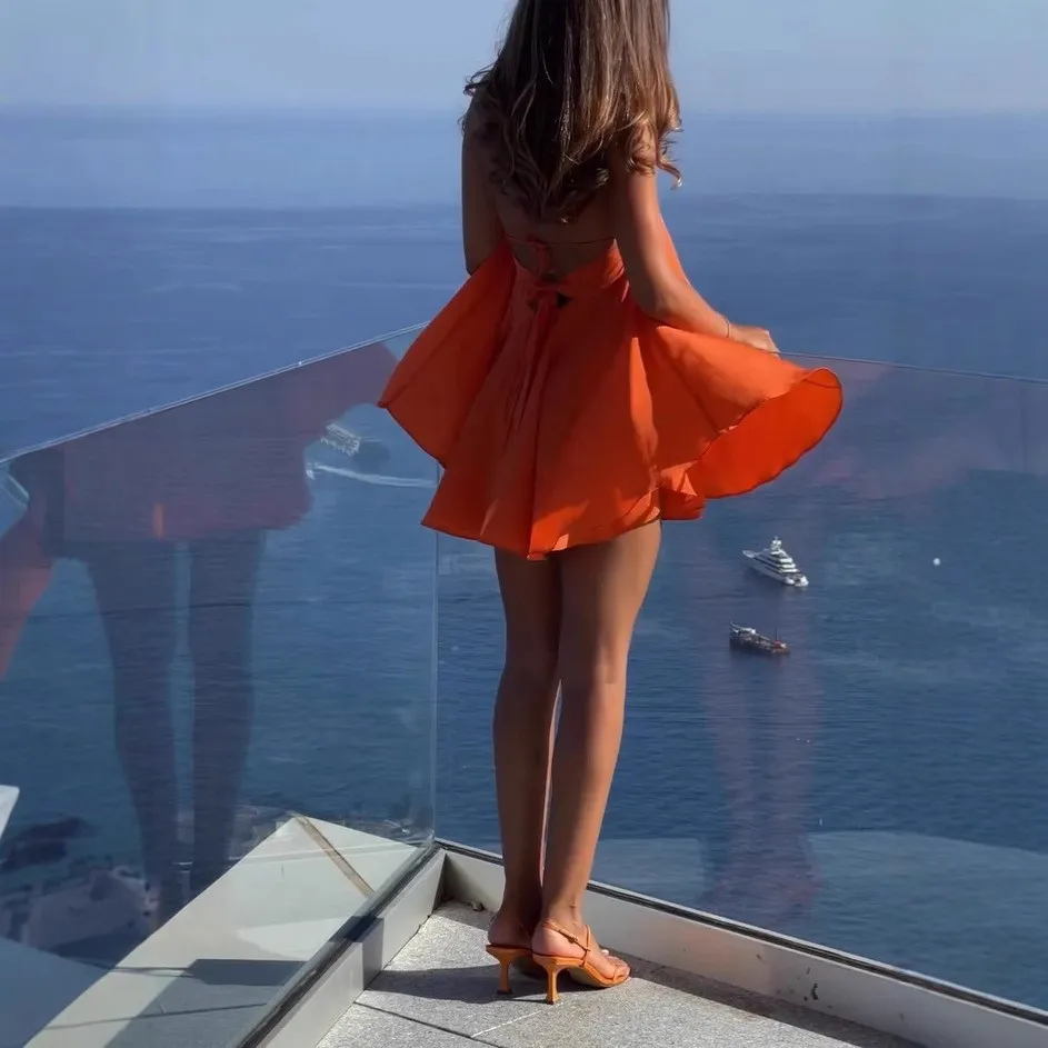 Evening Dress Prom Party Spaghetti Strap Orange V Neck Sleeveless High Waist Mini Dress Halter Neck Open Back A Line Dress