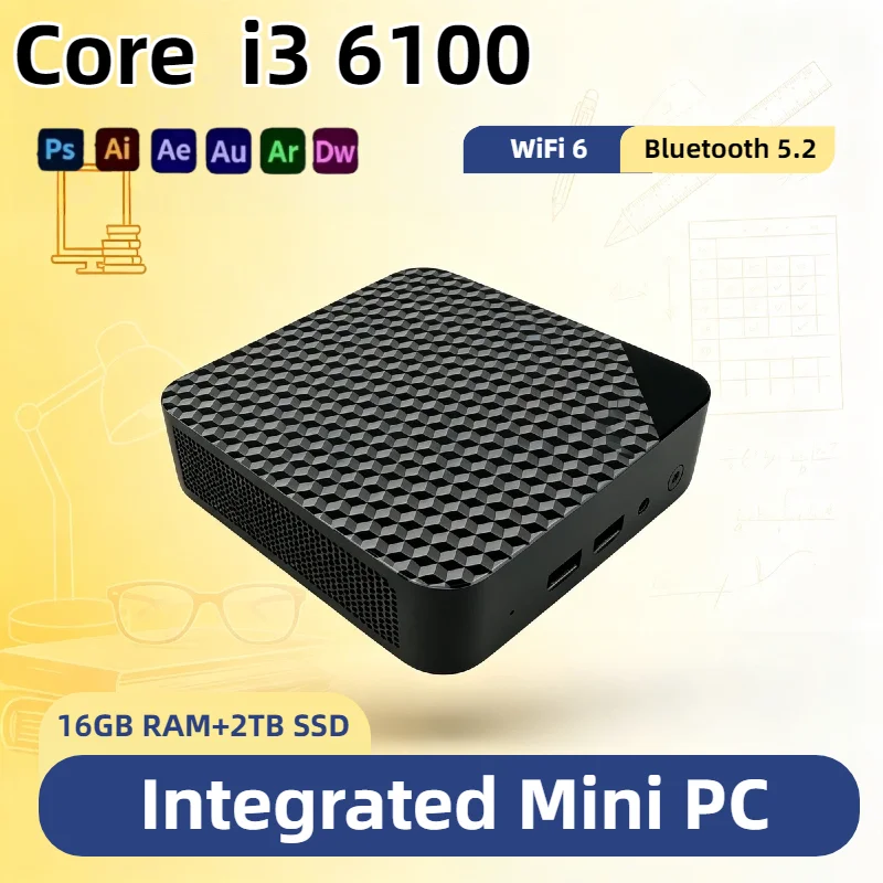 Intel i3-6100 Portable Desktop PC 16GB RAM 512GB M.2 SSD Triple 4K Output WiFi6 BT5.2 Silent Cooling Home Office Computer Max
