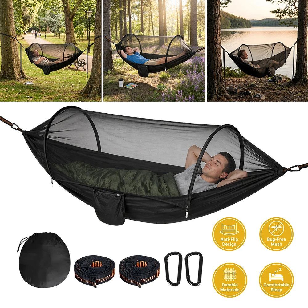 Camping-Hängematte mit Moskitonetz, leichte 210T Nylon-Camping-Hängematte mit Moskitonetz, atmungsaktive Anti-Insekten-Schaukel, leichtes Outdoor-Bett, Wander-Hängematte, Tragfähigkeit über 300 kg