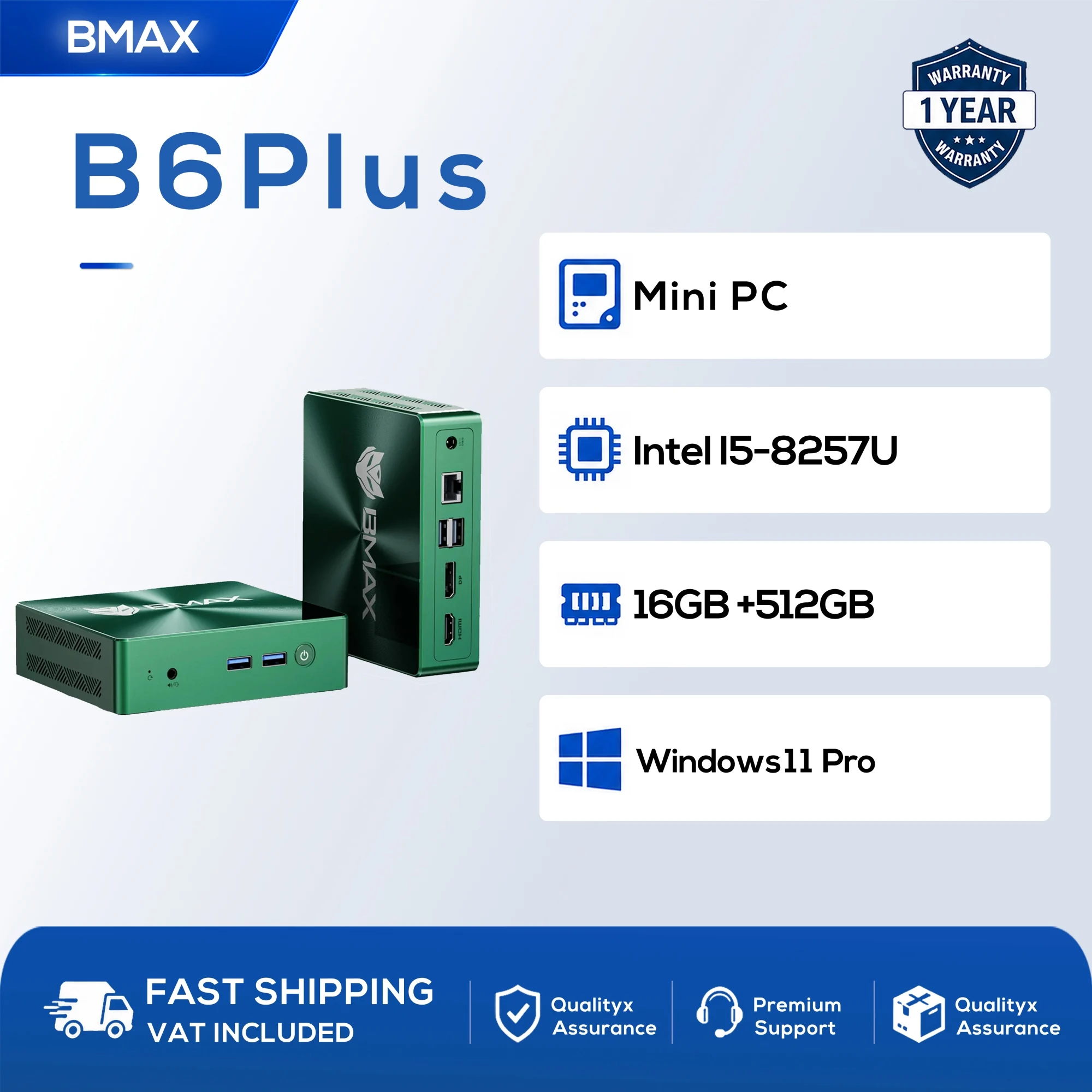 BMAX B6 Turbo Mini-PC Intel Core I5 8257U Windows 11 16GB RAM 512GB SSD HDMI USB DP Bluetooth WLAN Computer