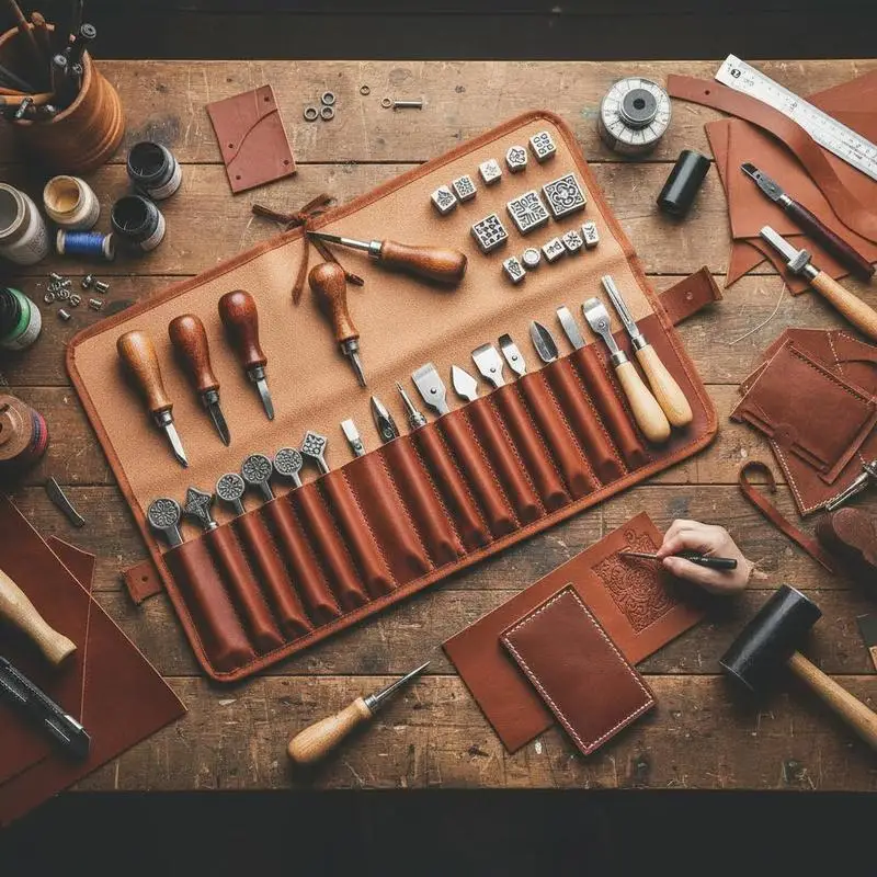 Ensemble d'outils pour le travail du cuir de 92 pièces avec sac de rangement en toile portable. Comprend des outils graphiques, des outils de poinçonnage, des outils de couture et des outils de