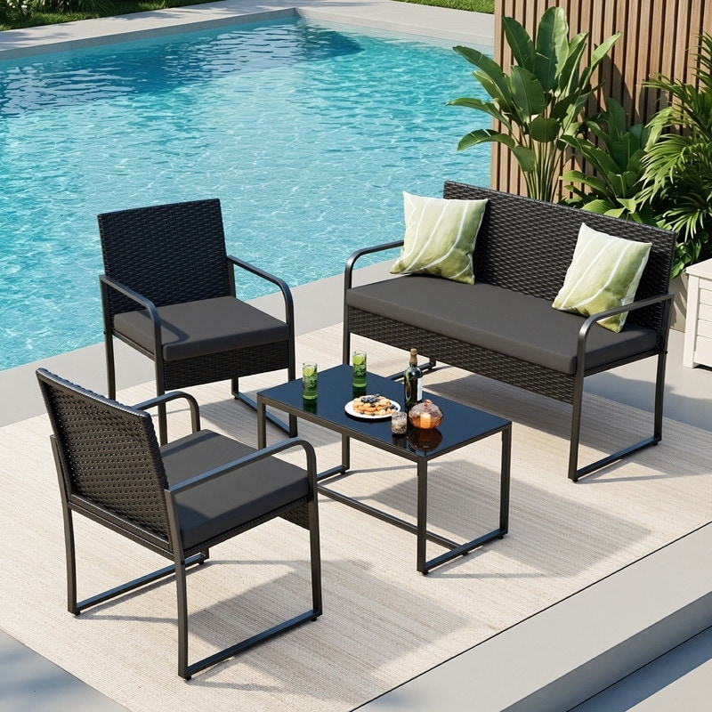 Gizoon Black Wicker Furniture with Glass Coffee Table, 4 Piece Patio Furniture Set, Outdoor Rattan Conversation Set
