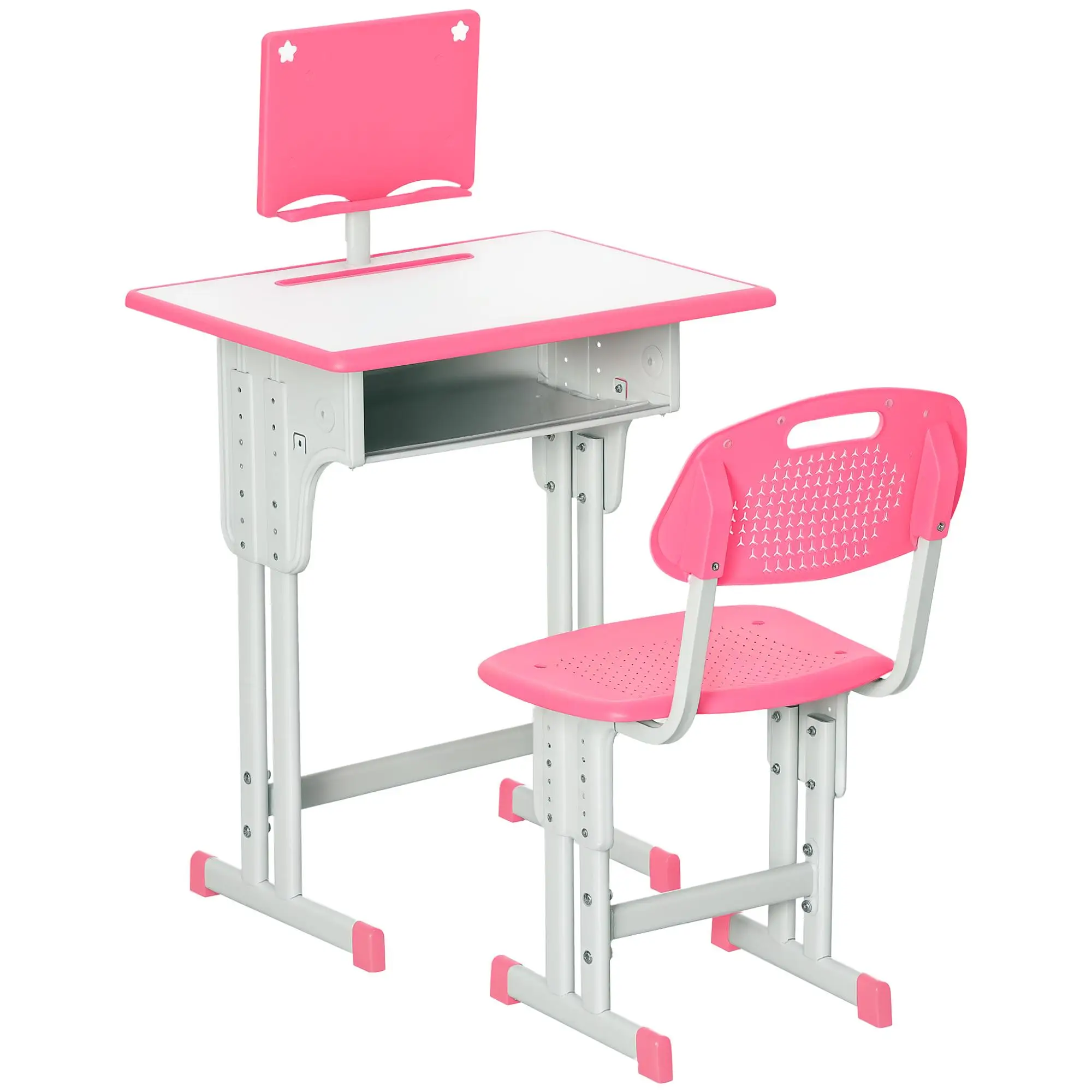 HOMCOM Höhenverstellbarer Schreibtisch & Kinderstuhl mit Buchstütze, Stifthalter, Haken 60×45×90-102 cm Rosa