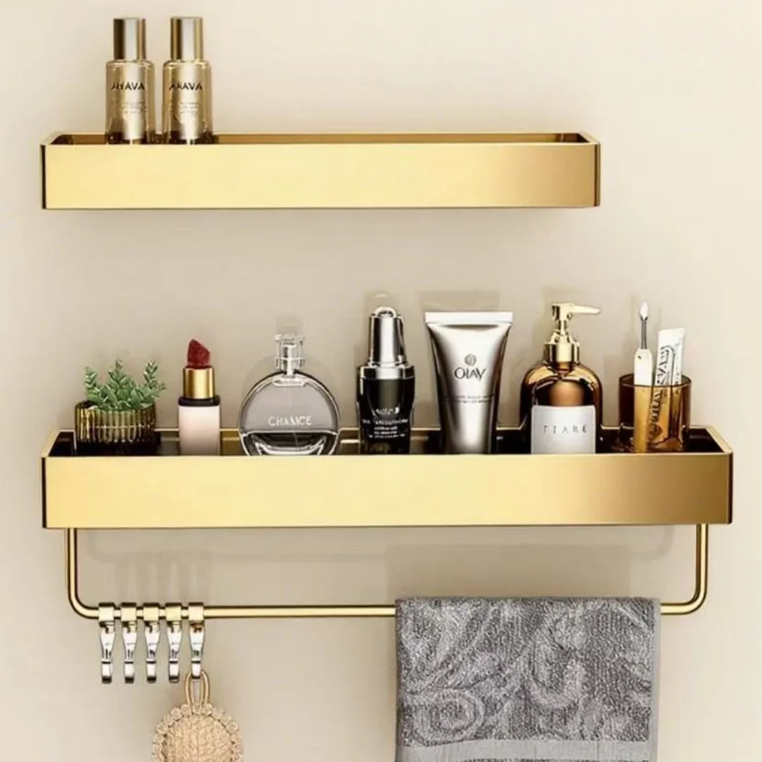 Support de rangement mural doré pour salle de bain, organisateur de salle de bain chromé, étagère d'angle en acier inoxydable, étagère de salle de bain