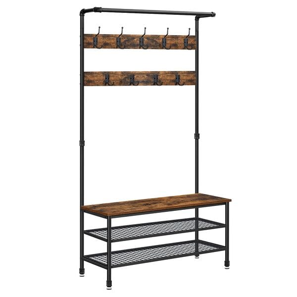 VASAGLE Garderobenbank mit Haken und Schuhrost braun 100/41,5/182 cm, 100x182x41.5 cm
