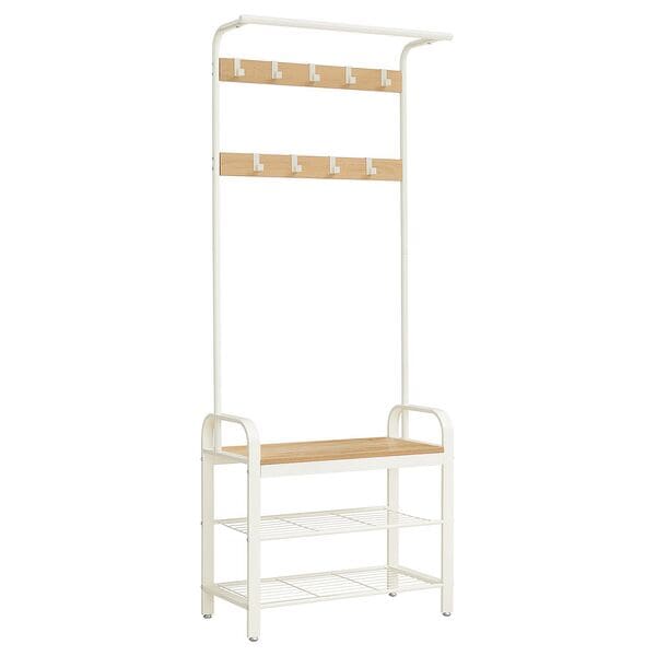 VASAGLE Garderobenbank mit 9 abnehmbaren Haken und 2 Schuhrosten HSR040 72/33,7 cm weiß, 72x183 cm