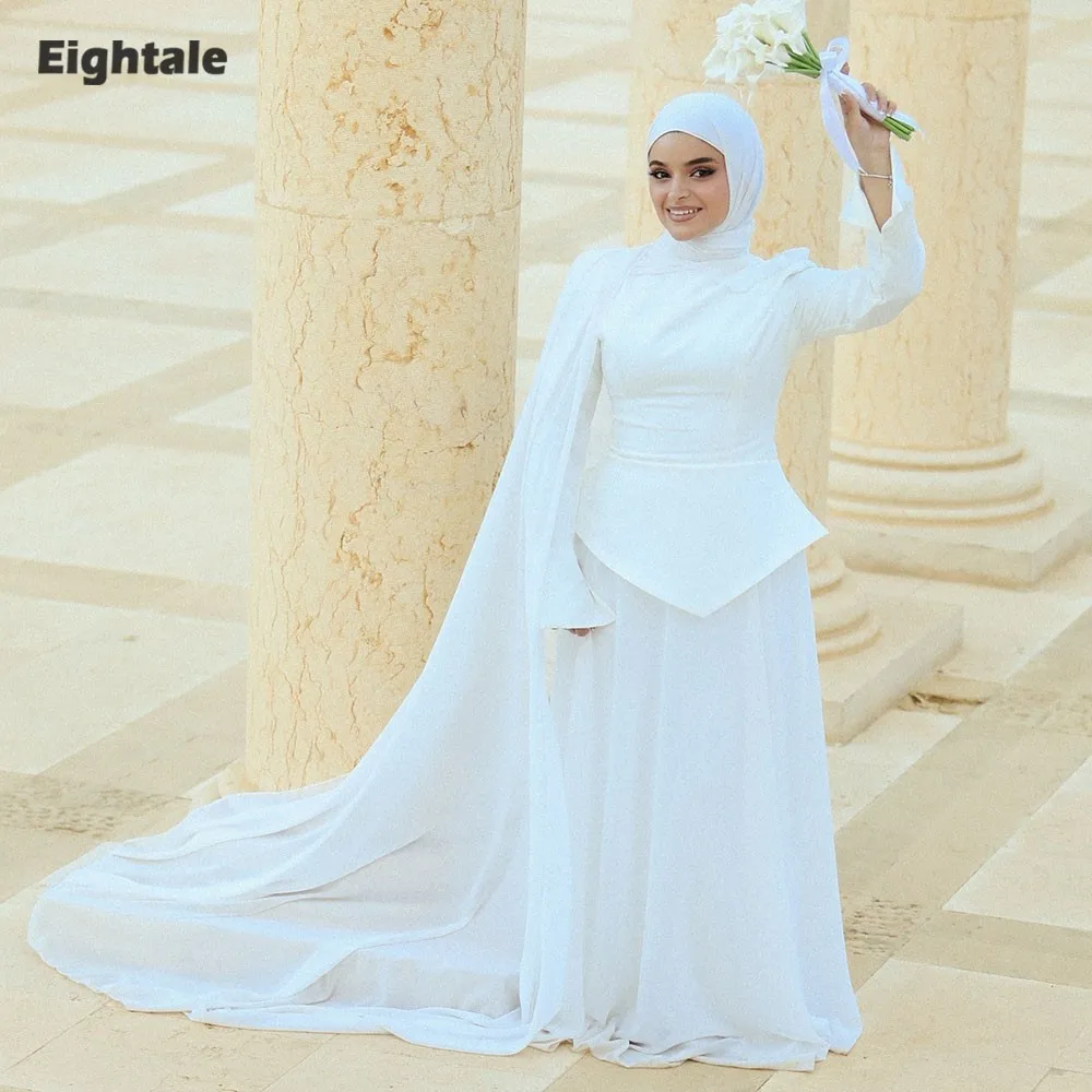 Eightale Arabic Wedding Dress Customized Ivory Bridal Gown Long Sleeves Cape Muslim Bride Party Dress Vestido De Novia