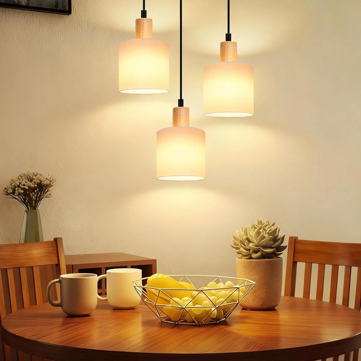 Lampe suspendue pour table à manger, lampe suspendue à 3 flammes, lampe suspendue vintage en tissu blanc, lampe suspendue ronde en bois E14, lampe pour salle à manger, restaurant, cuisine, bureau