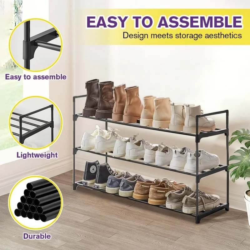 3 Tier Extendable Shoe Rack Storage Organiser, Space-Saving Adjustable Shoe Shelf Tidy Organizer for Hallway, Bedroom, Closet, Entryway Home Household Organization Use UK New