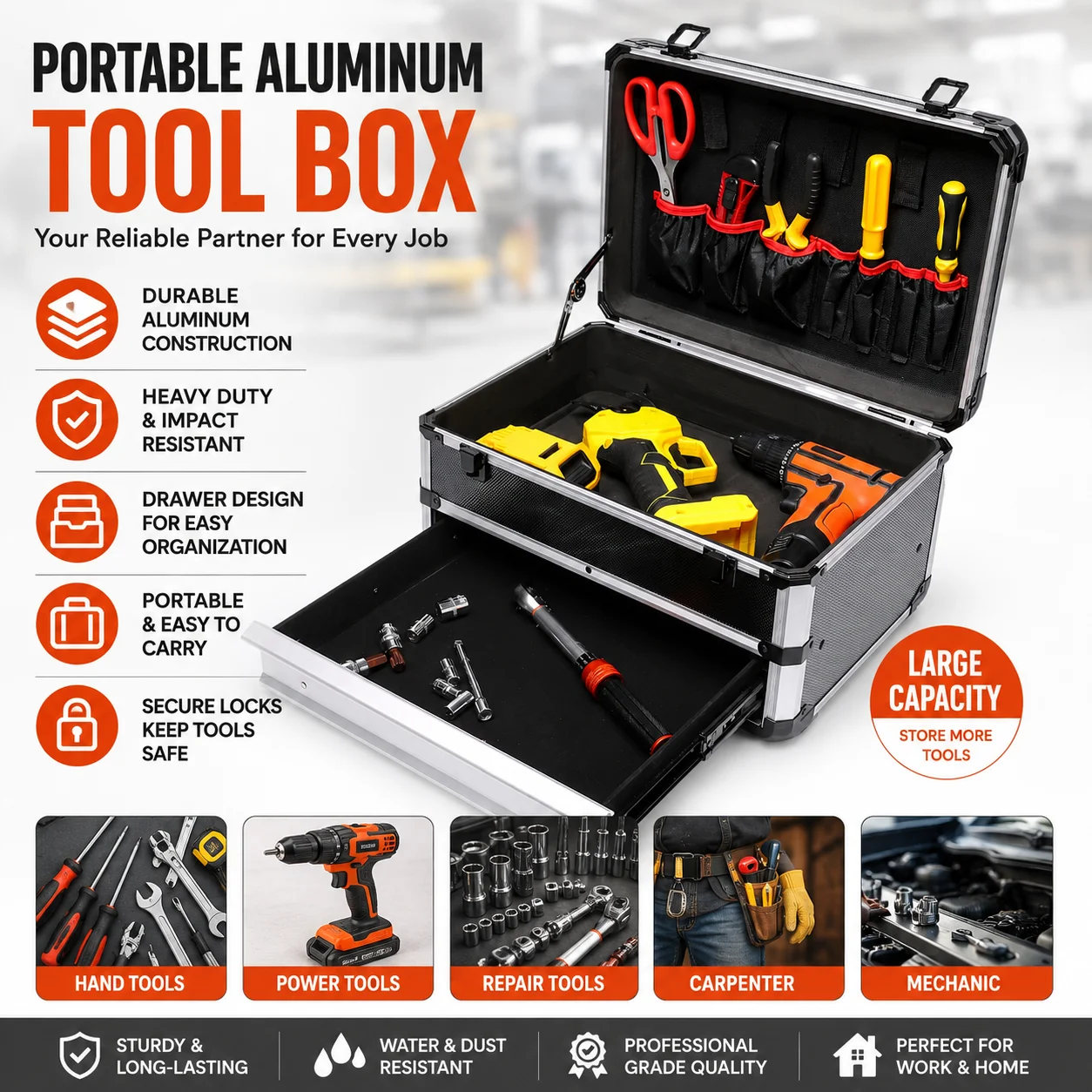 Boîte à outils portable en aluminium avec tiroirs, organiseur d'outils en métal robuste, étui de rangement pour outils électriques, outils manuels, équipement de charpentier, étui de transport pour outils de réparation