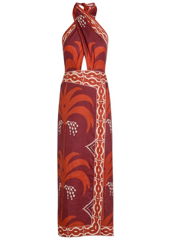 Buen Viento Halterneck Linen Midi Dress - Red - Johanna Ortiz Dresses