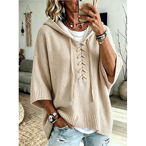 Per donna Maglione Elegante Quotidiano Casual A Coste Con Cappuccio Allacciato Lavorato a maglia Manica 3/4 Top Regolari Maglia Quotidiano All'aperto Data bianco Rosa Primavera Autunno