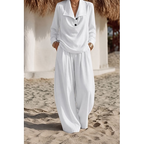 Per donna Set da due pezzi Set di Pantaloni Manica Lunga Tinta unica Elegante Bohemien Signore Casuale Feste Ferie Bianco Marrone scuro Nero Autunno