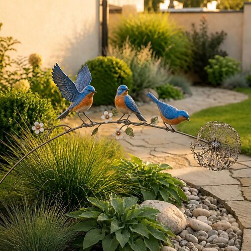 Paletto da giardino in metallo a forma di uccello, scultura di 3 pettirossi realistici su un dente di leone, ornamento decorativo per prato, patio e giardino. aiuola, decorazione da giardino per