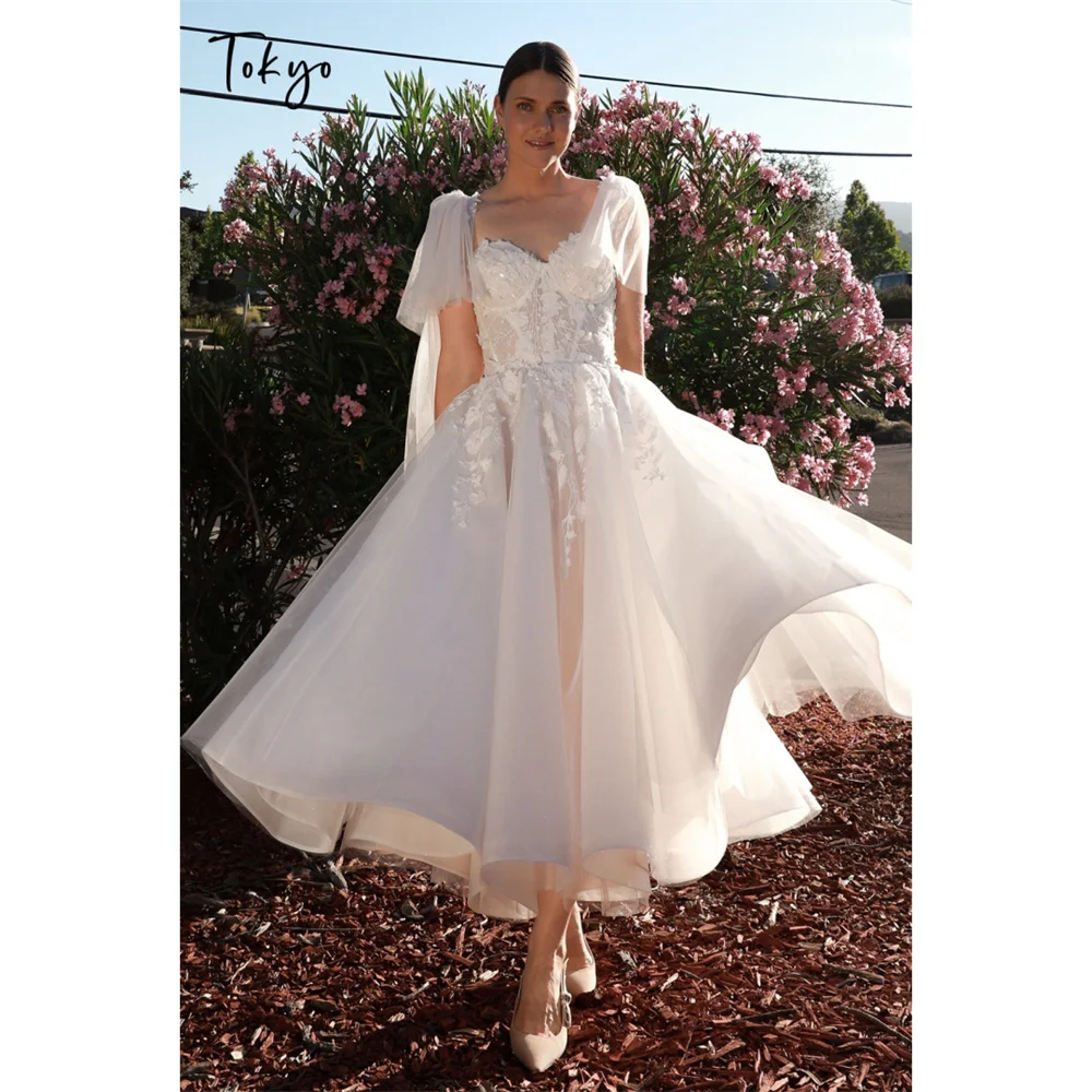 Tokyo Lace Appliques Tulle Tea Length Wedding Dress Cap Sleeve Sweetheart Garden Bridal Gown A Line Elopement Party Dress 2026