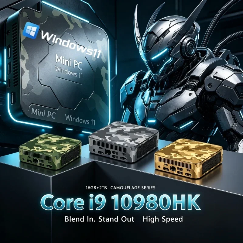 Intel Core I9 10980HK Camouflage Mini PC Windows 11 16GB RAM 1/2TB SSD WIFI6 BT5.2 4K Desktop PC Gaming Computer