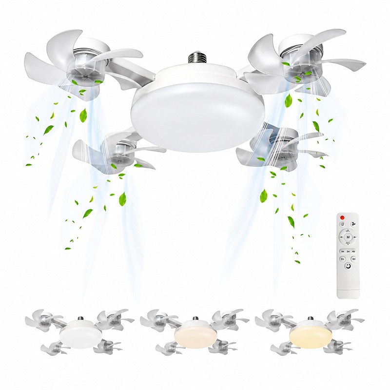 Socket Ceiling Fan with Light, E27 Screw in Drone Fan Light with Remote Control, 3-Speed Quiet Ceiling Fan with 4Fan Heads, 3-Color Dimmable 19.6 Foldable LED Fan Light for Bedroom Kitchen Garage