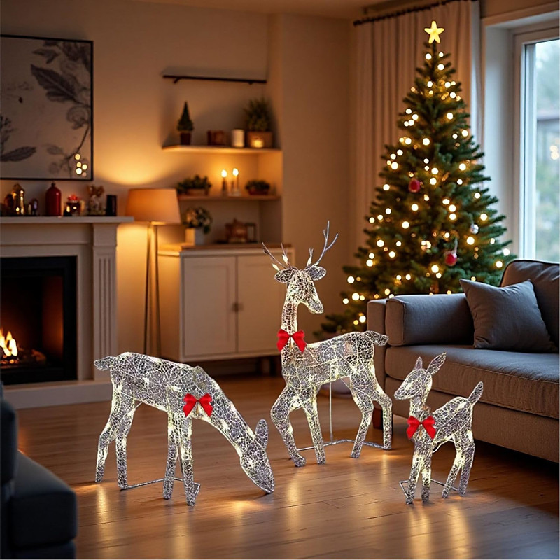 3 Pack Colorful Pre-Lit 2D Reindeer Family Christmas Outdoor Decorations, Waterproof Light Up Deer Figurine Ornament for Patio, Lawn, Garden, Backyard Xmas Holiday Party Landscape Decor