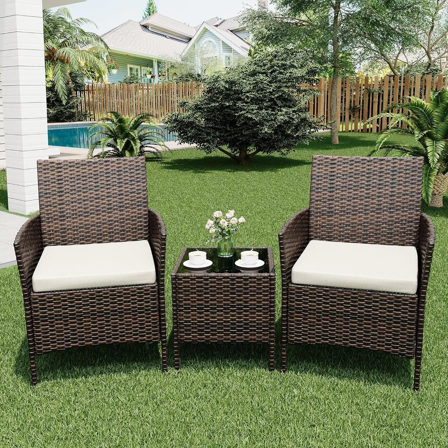 Ensemble de meubles de jardin en rotin, ensemble de meubles de balcon 3 pièces avec une table de jardin résistante aux intempéries et 2 chaises, ensemble de fauteuils de balcon, ensemble de salon de jardin, groupe de sièges de jardin, ensemble de...