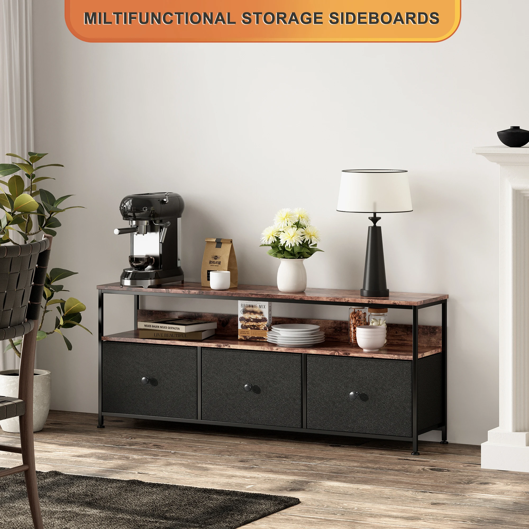 Comanlai TV-Schrank mit LED-Beleuchtung, TV-Ständer mit 3 Schubladen, TV-Lowboard, für Wohnzimmer, Schlafzimmer, Schwarz