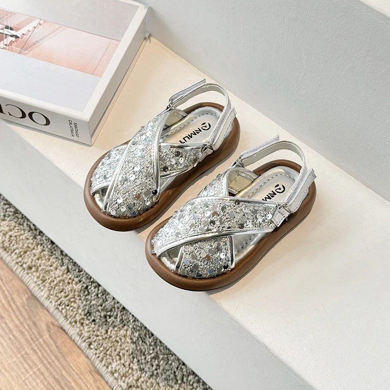 Glitzer-Sandalen für Mädchen, glitzernde Sommerschuhe, Party-Schuhe, Kinder-Plateau-Sandalen mit überkreuzten Riemen für Hochzeit, Taufe, Größe 26-37
