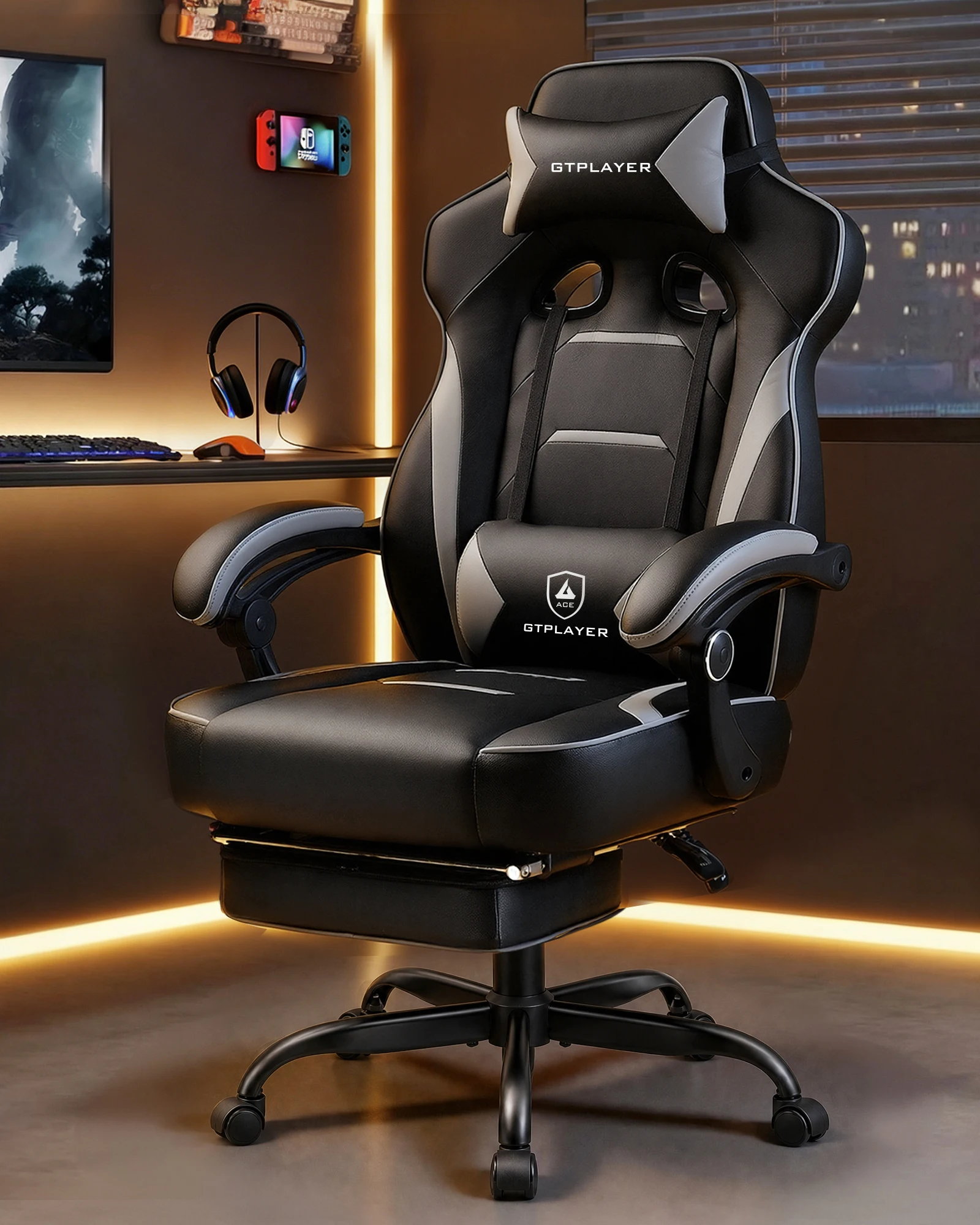 GTPLAYER Gaming Stuhl mit Fußstütze, Ergonomischer Bürostuhl 180kg, Schwerlast Gaming Sessel mit Lendenwirbelstütze und Kopfstütze, Höhenverstellbarer Computerstuhl, Gepolstert, neigbare 155°